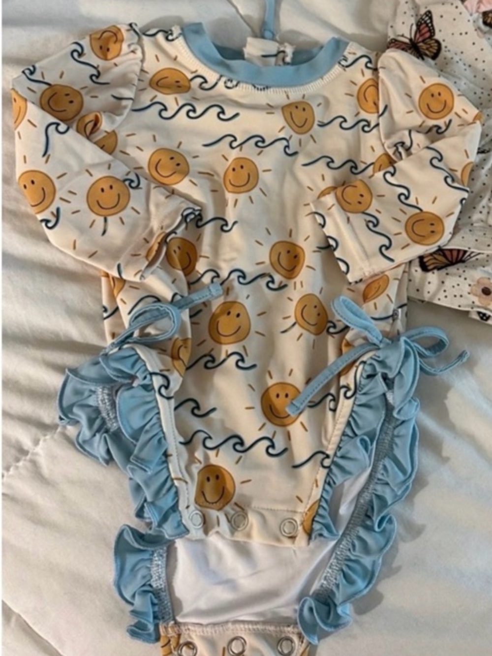Caden Lane Cream Swimsuit One-Piece with Yellow Smiley Suns & Light Blue Trim